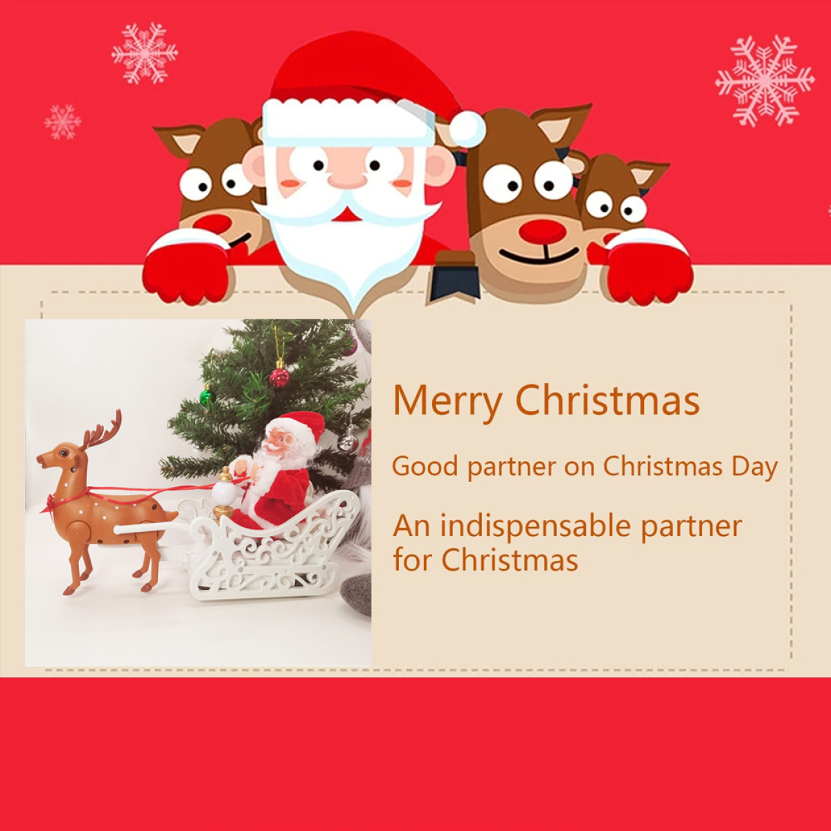 Ein weihnachtliches Bild mit Weihnachtsmann, Rentieren und Text. Das Bild ist rot und festlich.