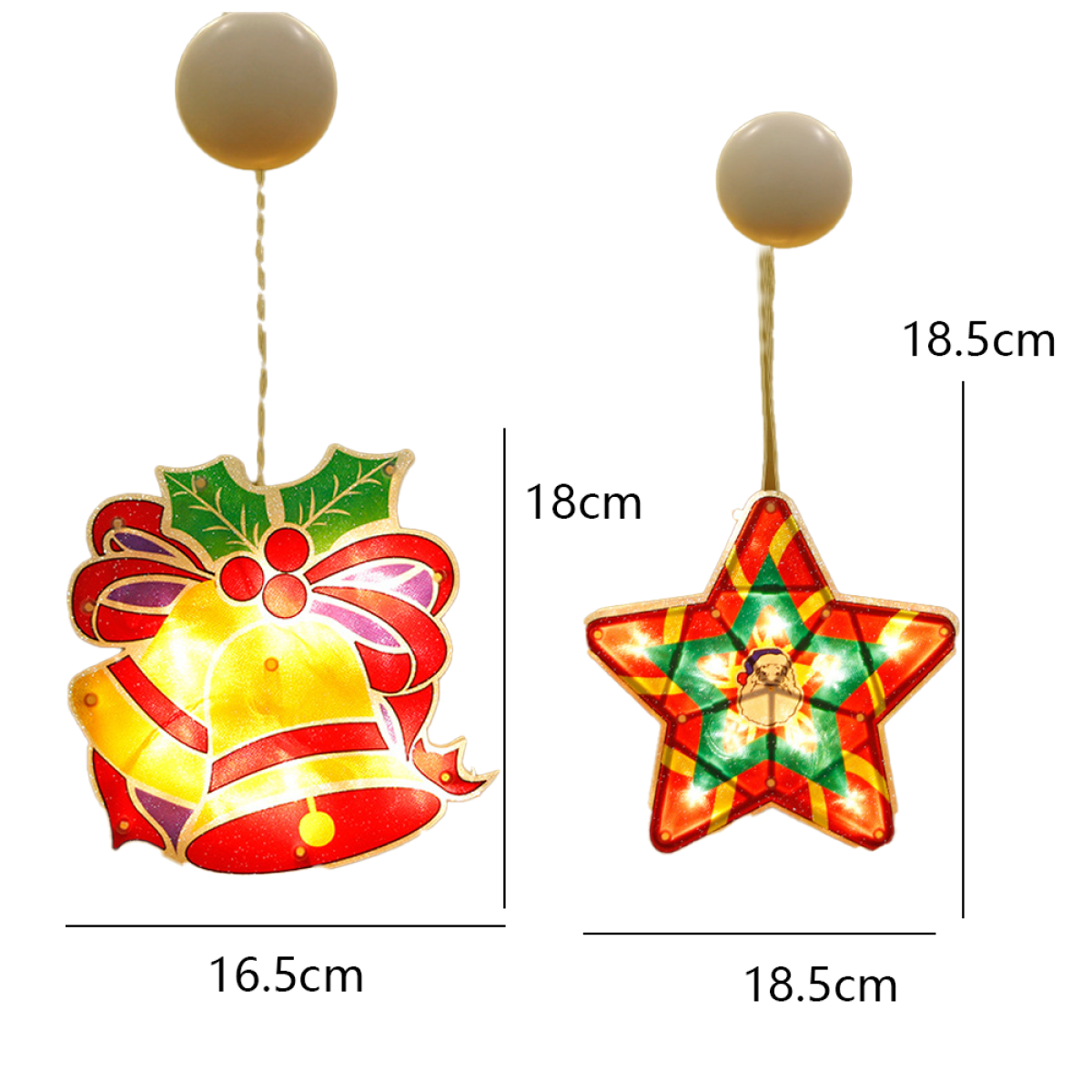 Weihnachtsdekorationen mit Glocken und einem Stern, beide mit Maßangaben.