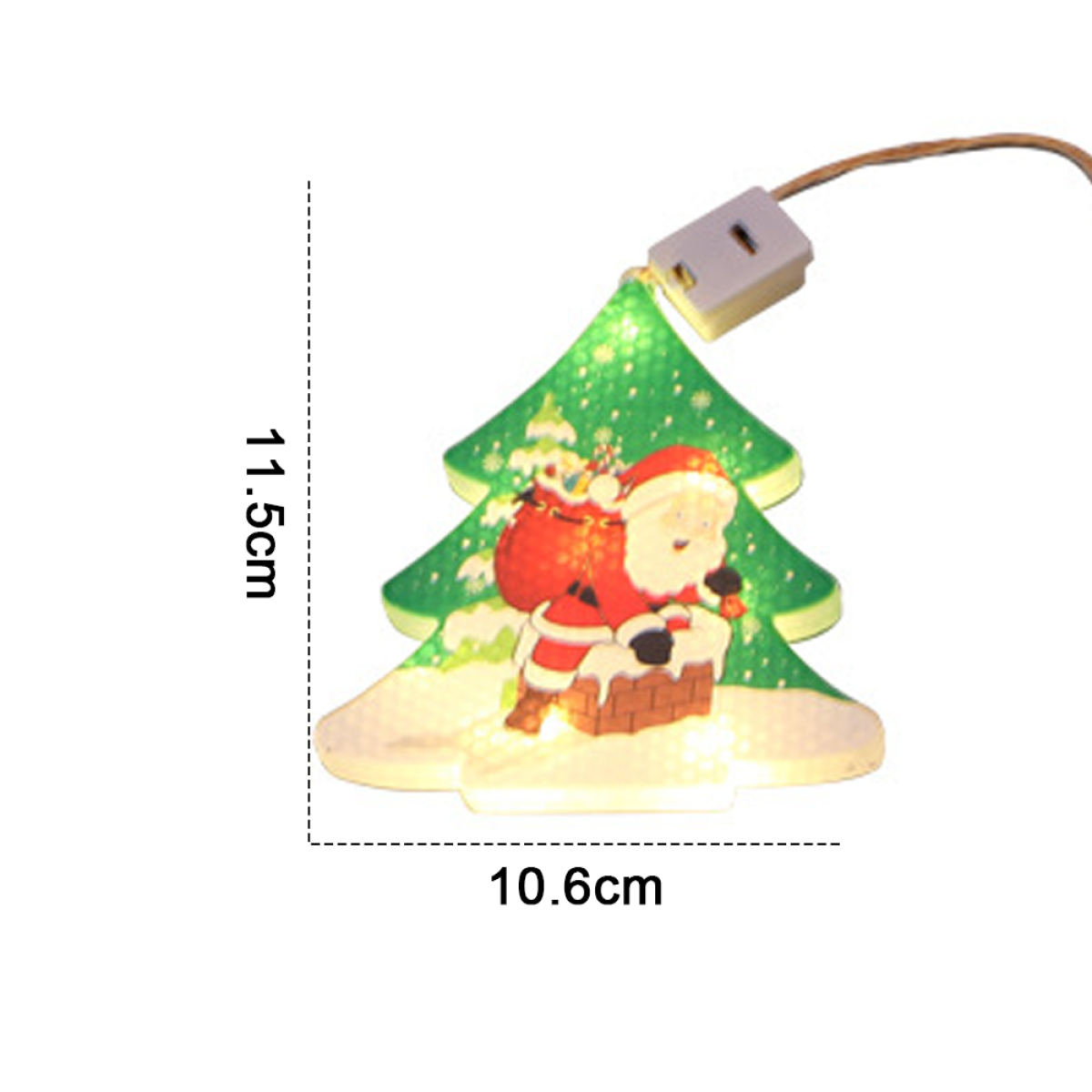 Weihnachtsbaumschmuck mit Weihnachtsmann und Abmessungen 11,5 cm x 10,6 cm.