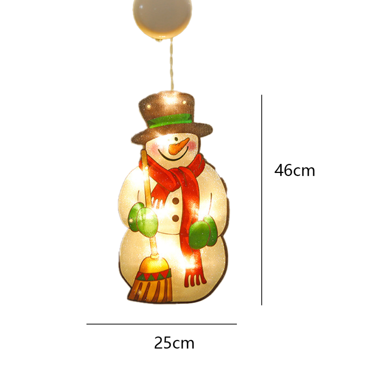 Schneemann-Dekoration mit rotem Schal, grünen Handschuhen und Hut, hält einen Besen.