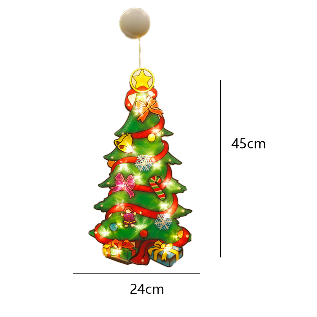 Ein Weihnachtsbaumschmuck mit Lichtern. Er ist 45 cm hoch und 24 cm breit.