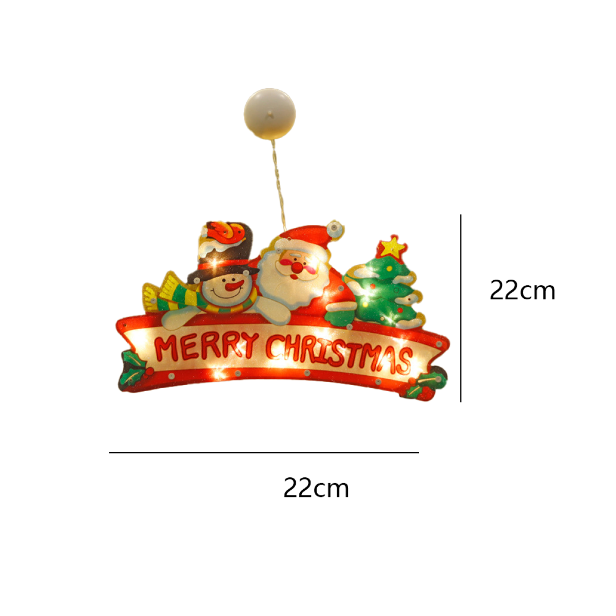 Weihnachtsdekoration mit Weihnachtsmann, Schneemann und Baum, mit 'Merry Christmas'. Es ist beleuchtet und hängt.