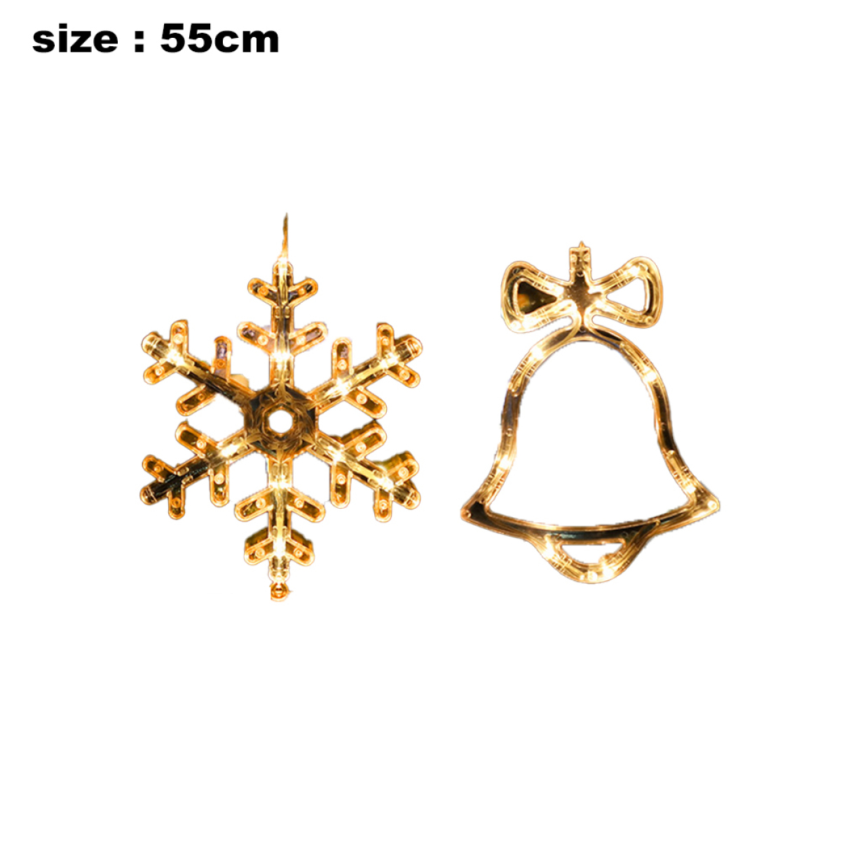 Goldene Schneeflocken- und Glocken-Weihnachtsschmuck. Text: Größe: 55 cm.
