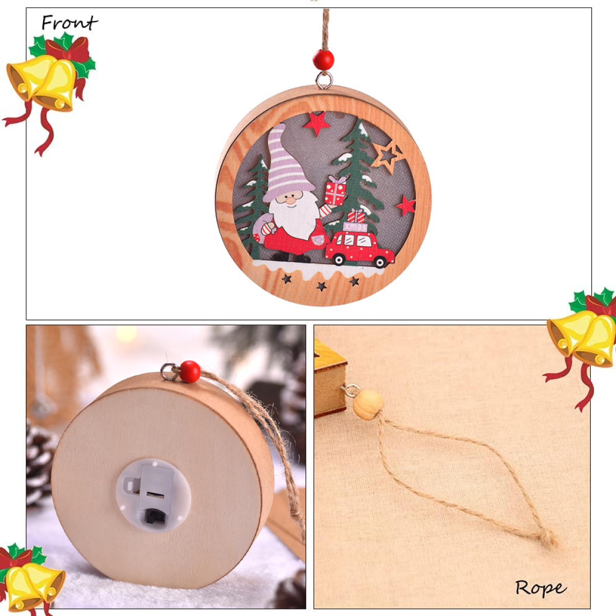 Weihnachtsornament aus Holz mit Szene. Enthält einen Weihnachtsmann und Sterne.