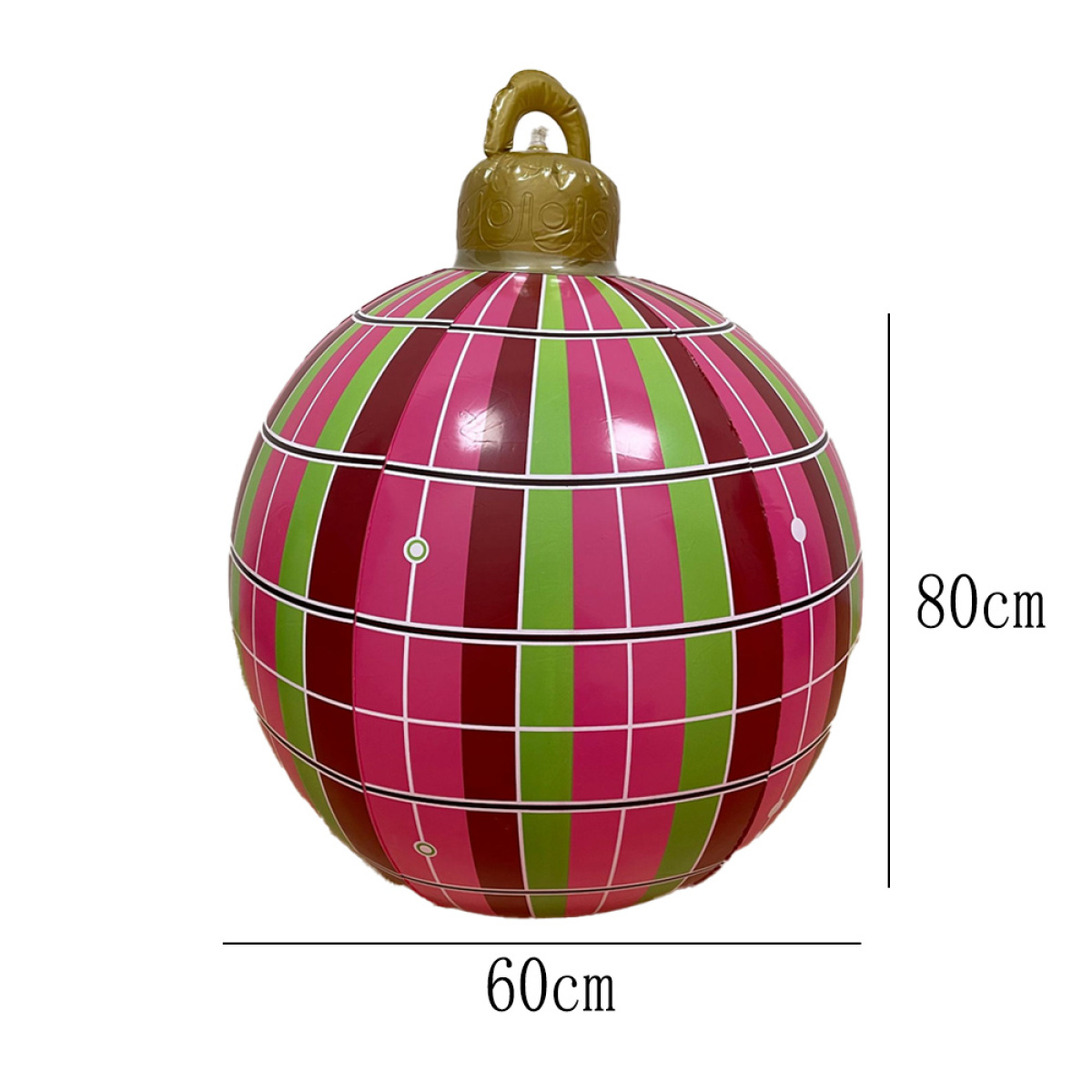 Große aufblasbare Weihnachtskugel, rot, grün und rosa Streifen, weißer Hintergrund.
