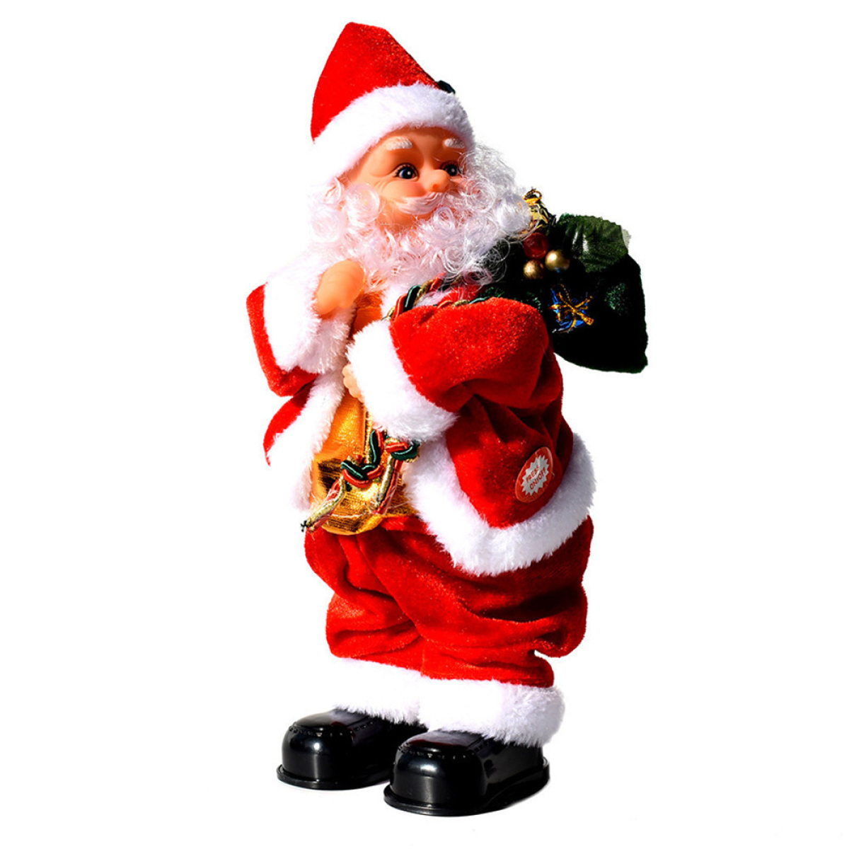 Weihnachtsmann-Puppe mit rotem Outfit, weißem Bart, hält eine Tasche, steht auf weißer Oberfläche.