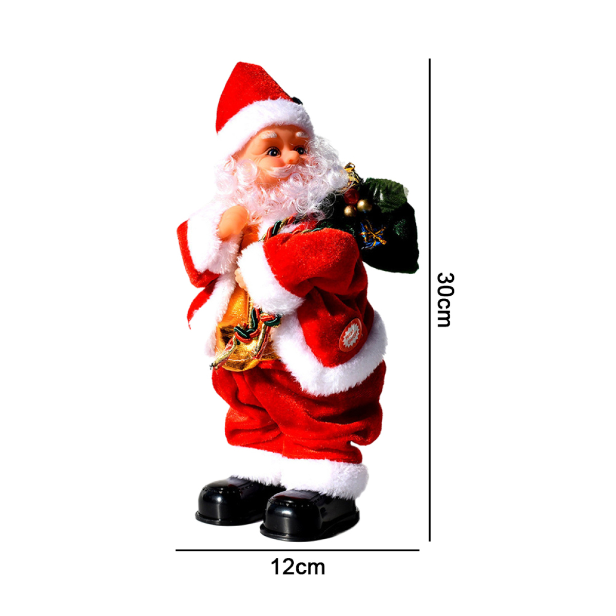 Animierte Weihnachtsmannfigur. Roter Anzug, schwarze Stiefel, trägt eine Tasche. Weißer Hintergrund.