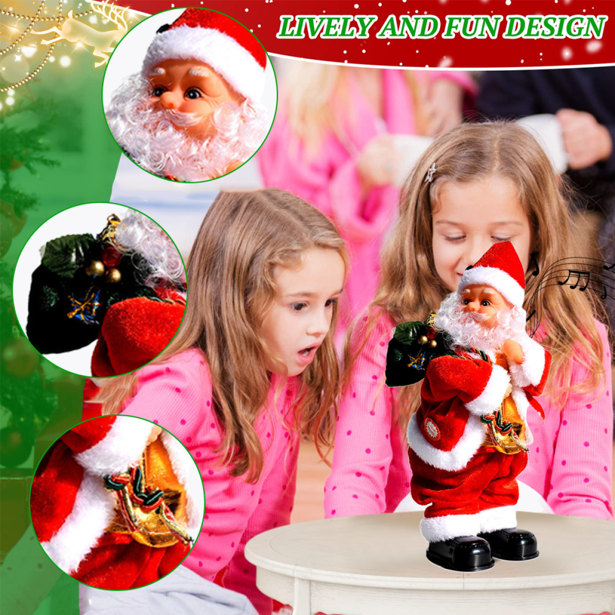 Zwei Mädchen schauen auf ein Weihnachtsmann-Spielzeug auf einem Tisch, mit weiteren Details.