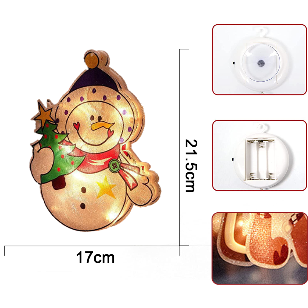 Weihnachtsdekoration eines Schneemanns mit Weihnachtsbaum, mit Größenangaben und Batteriefach.
