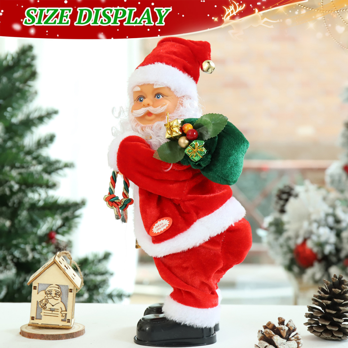 Animierte Weihnachtsmannfigur in rotem Anzug, hält Sack, kleines Haus, Tannenzapfen.