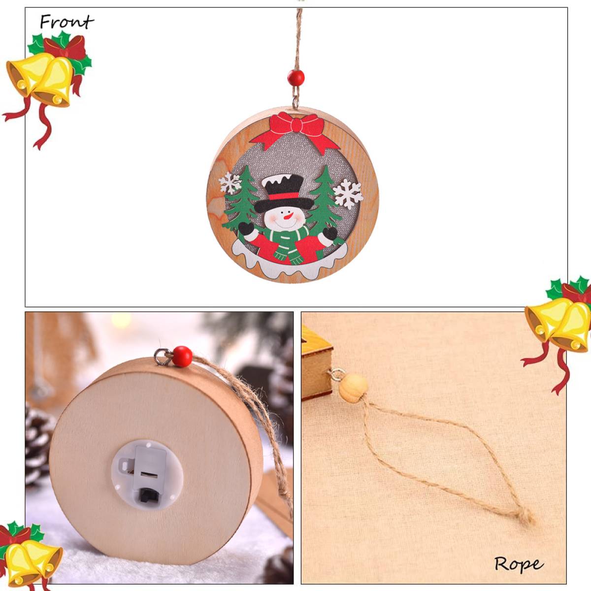Weihnachtsornament aus Holz mit Schneemann und Bäumen, mit Aufhängeseil und Details auf der Rückseite.