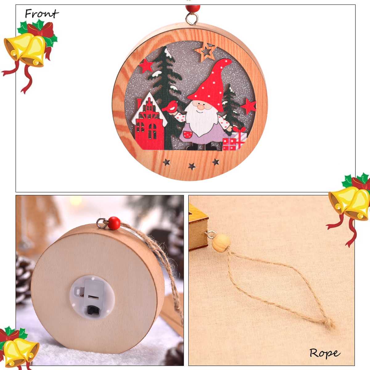 Weihnachtsschmuck aus Holz mit einer Wichtelszene im Inneren und einem Seil zum Aufhängen.