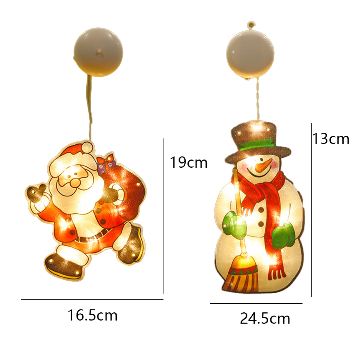 Weihnachtsbeleuchtung: Weihnachtsmann und Schneemann. Abmessungen: 16,5 cm x 19 cm (Weihnachtsmann), 24,5 cm x 13 cm (Schneemann).