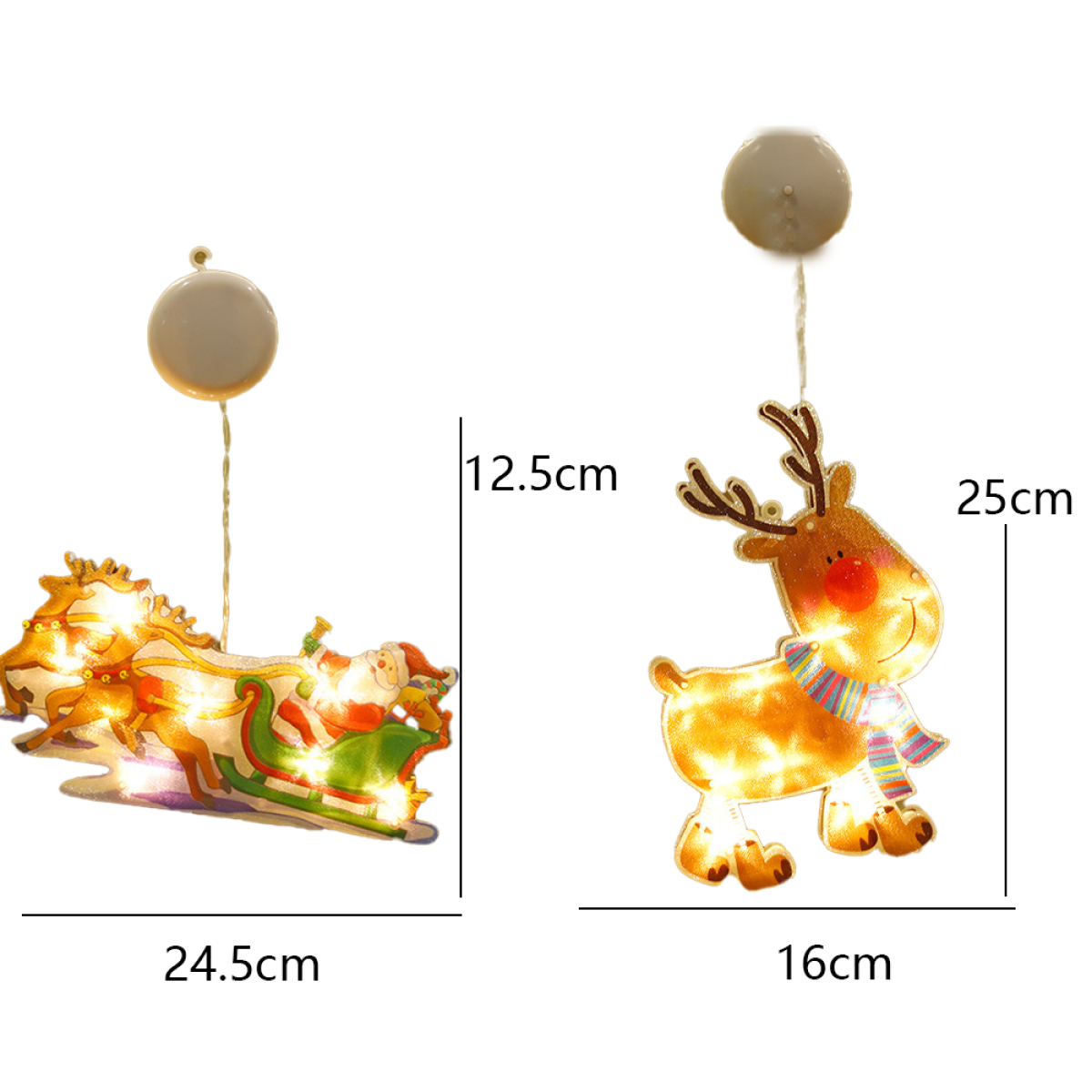 Weihnachts-Fensterdekorationen: Weihnachtsmann im Schlitten und Rentier.