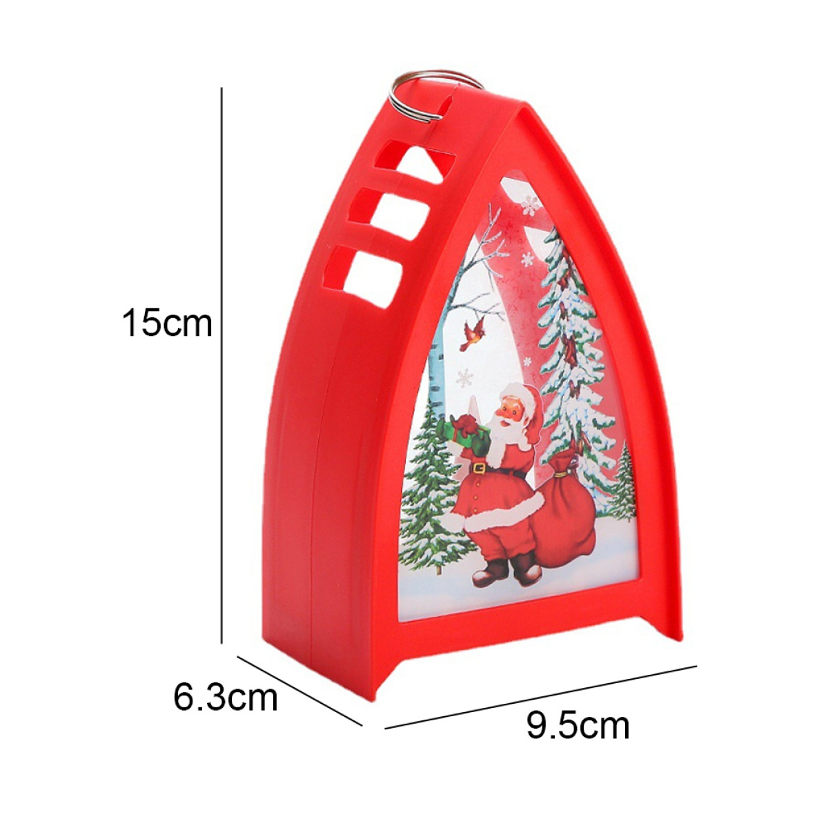 Rote Weihnachtslaterne mit Santa-Illustration. Misst 9,5 cm breit und 15 cm hoch.