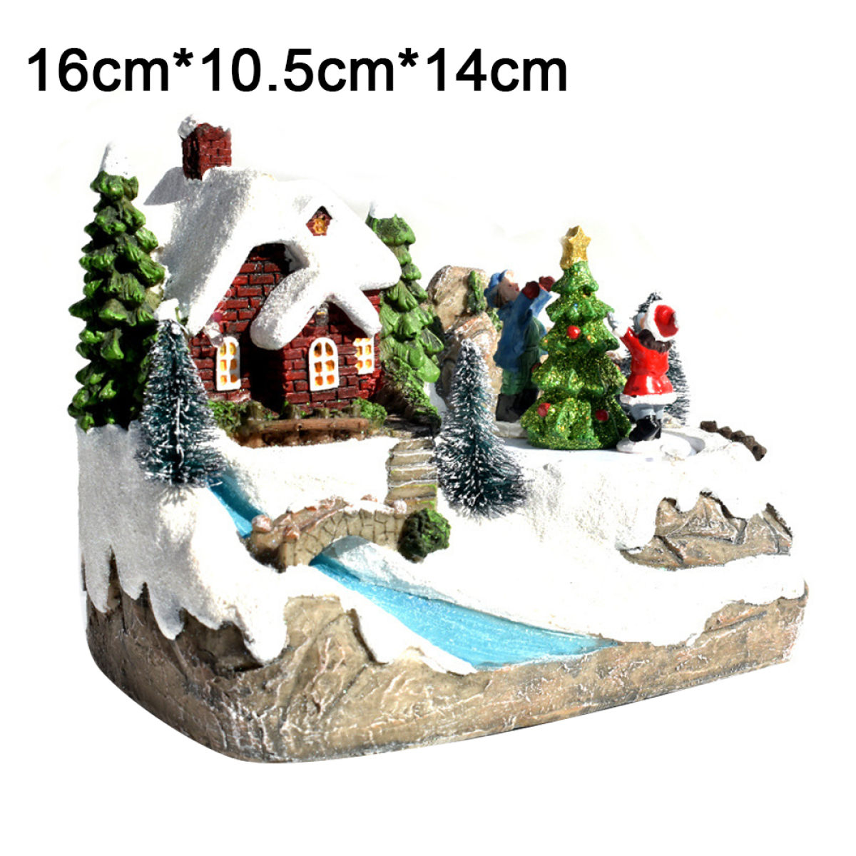 Eine Weihnachtsdorf-Szene mit Schnee, Bäumen, Haus, Figuren und Abmessungen von 16x10,5x14 cm.