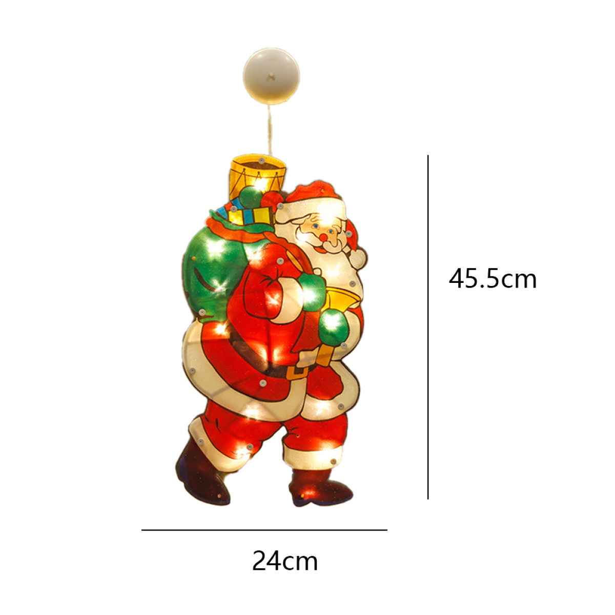 Weihnachtsdekoration von Santa Claus mit einer Tasche. Mit Lichtern beleuchtet, hängend.