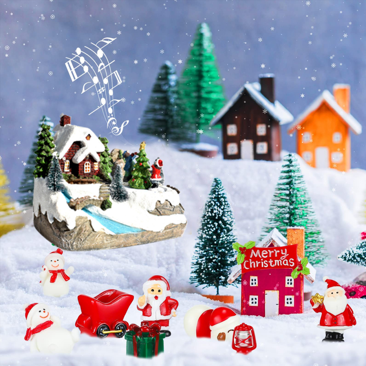 Weihnachtsszene mit Schnee, Häusern, Figuren und Noten in festlicher Umgebung.