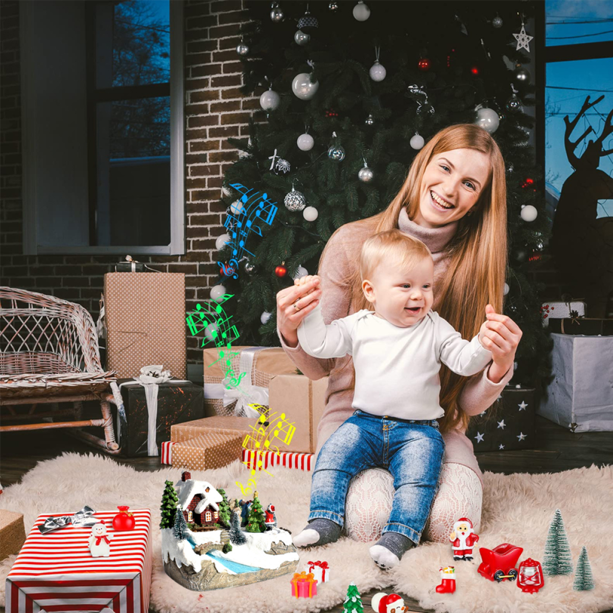 Frau und Baby mit Weihnachtsdekorationen. Geschenke, Baum und Noten schweben.