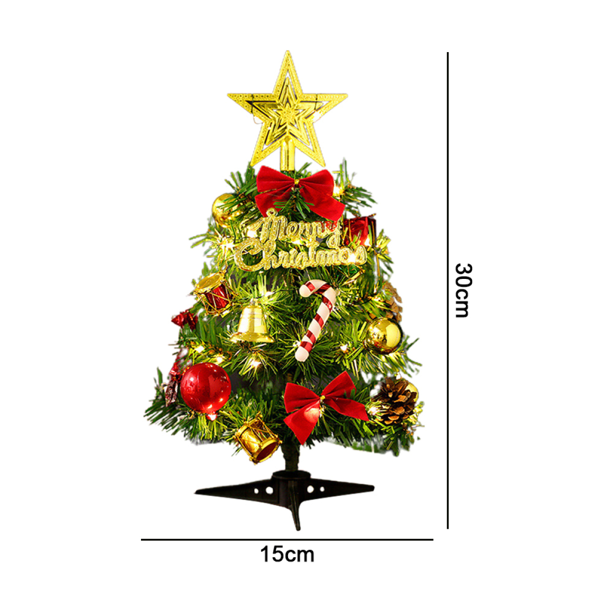 Ein dekorierter Weihnachtsbaum. Er hat einen Stern, Ornamente und ein rotes Band. Abmessungen: 15 cm x 30 cm.