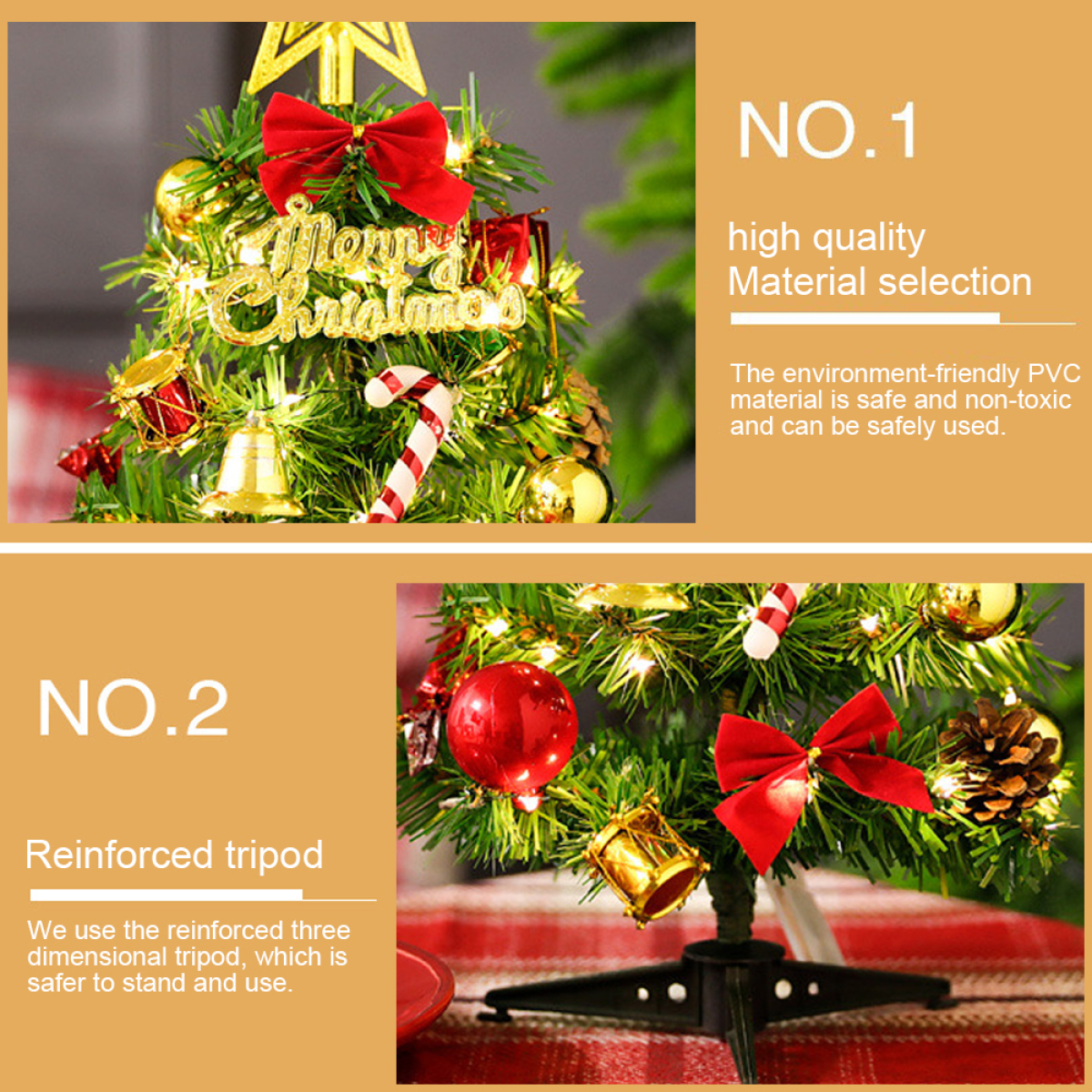 Kleiner Weihnachtsbaum mit Ornamenten und Schleifen, Text über Materialien.