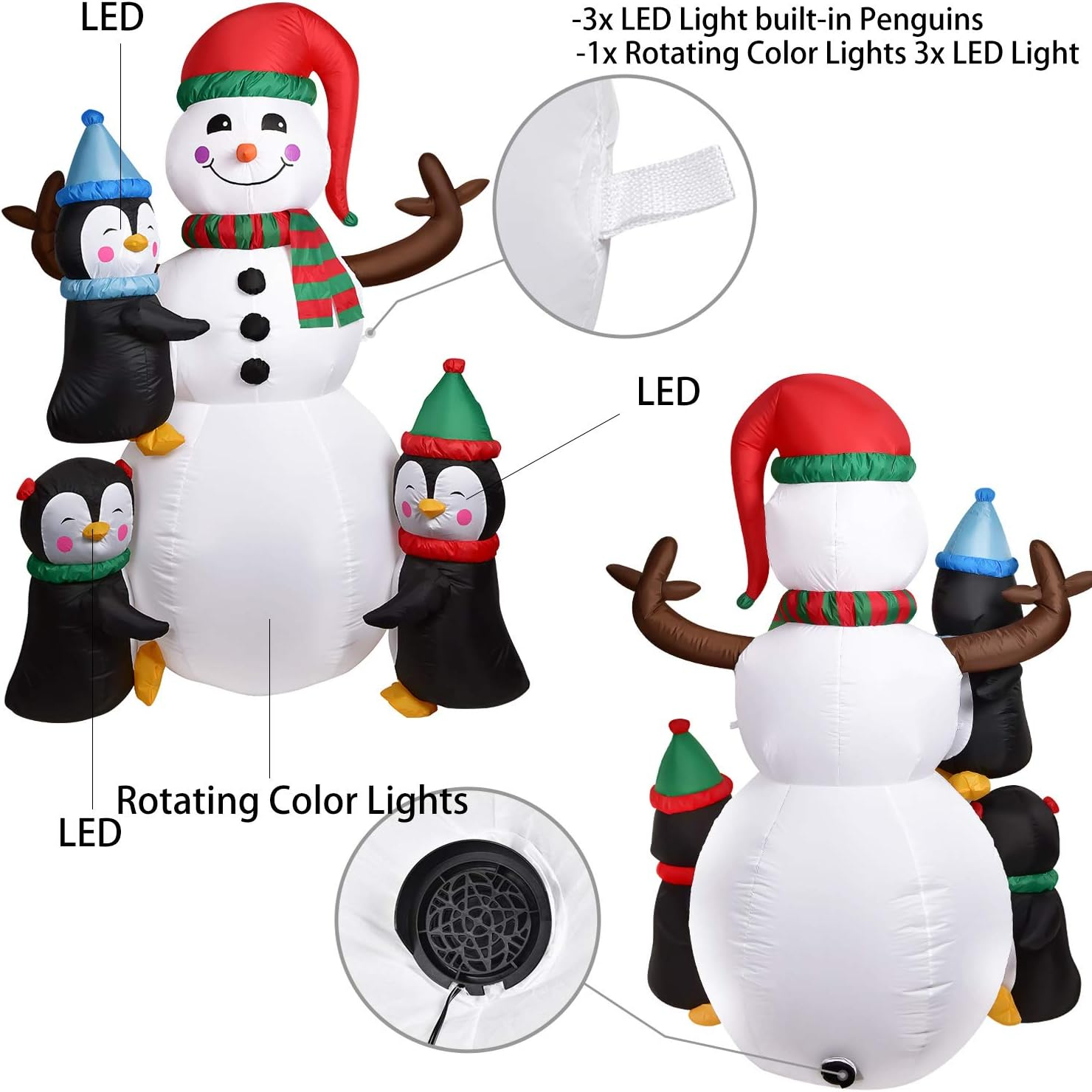 Aufblasbarer Schneemann mit Pinguinen. Details umfassen Lichter und Designelemente. Weiß und Schwarz.