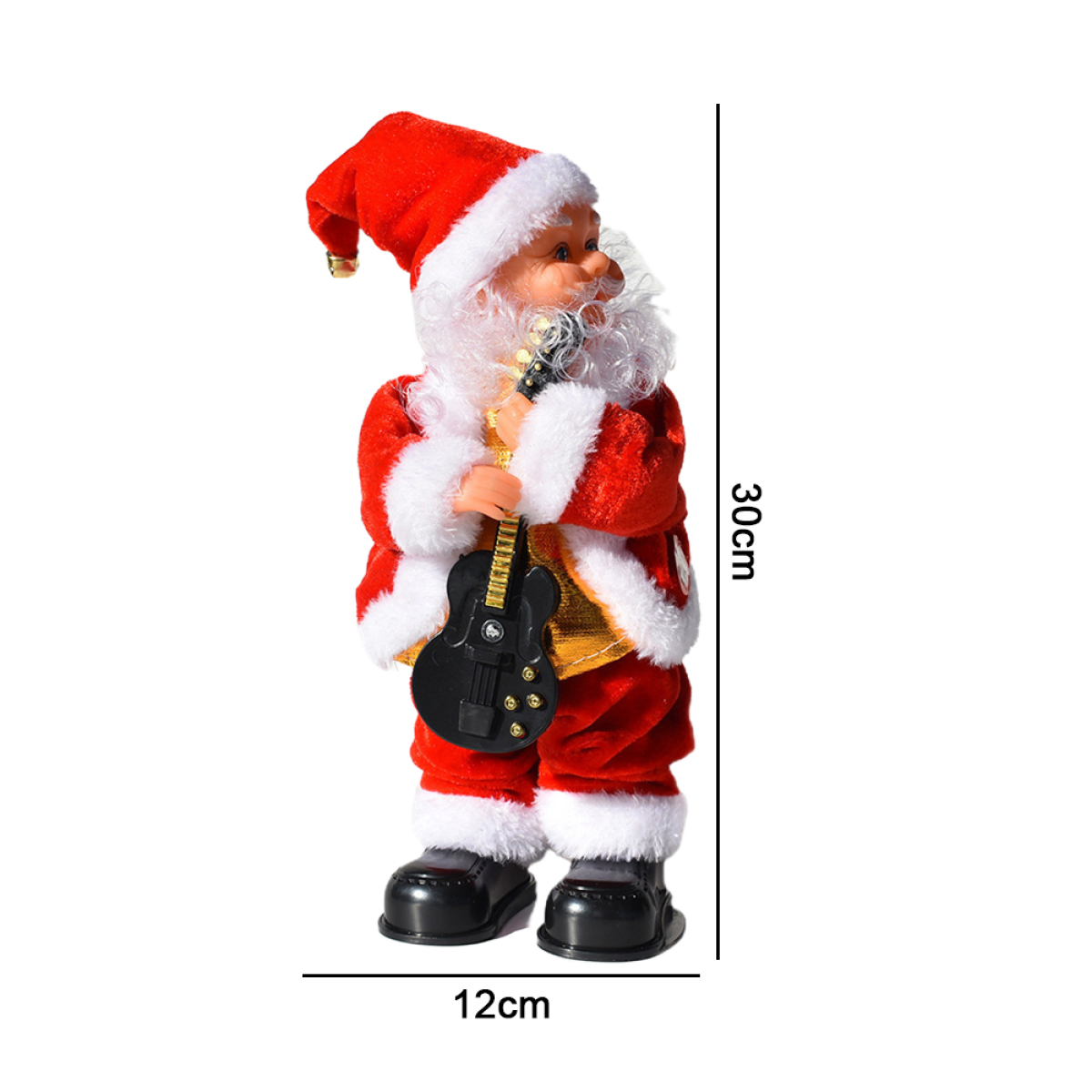 Eine Weihnachtsmann-Figur, die eine schwarze Gitarre spielt, roter Anzug, weißer Hintergrund.