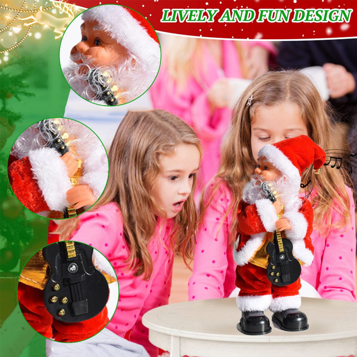 Zwei Mädchen beobachten ein Weihnachtsmann-Spielzeug, das Gitarre spielt.