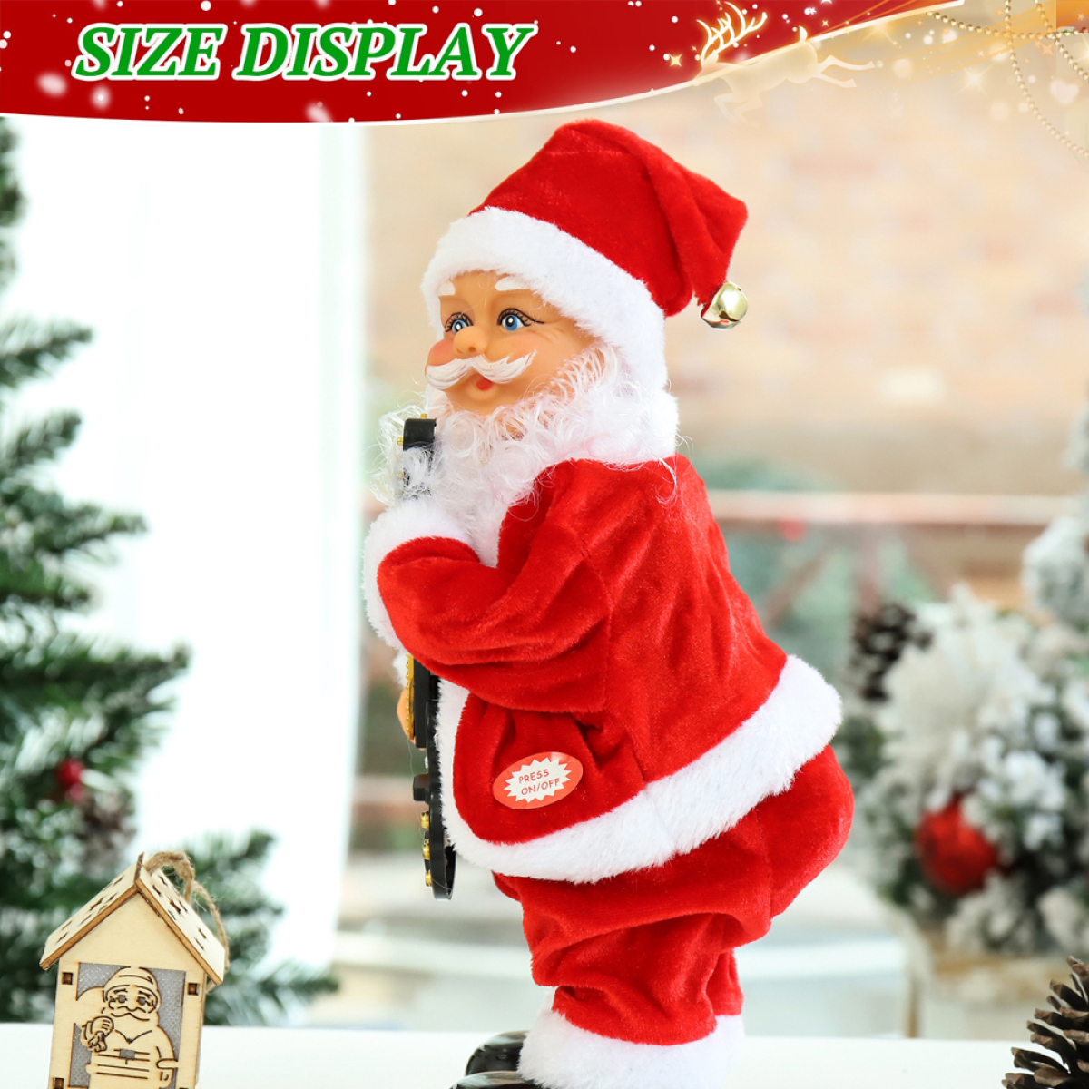 Weihnachtsmann-Spielfigur. Text 'Größenanzeige' oben.