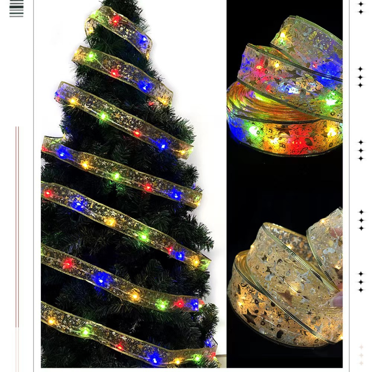 Weihnachtsbaum mit goldenem Band und Lichtern. Nahaufnahmen des Bandes mit Lichtern.