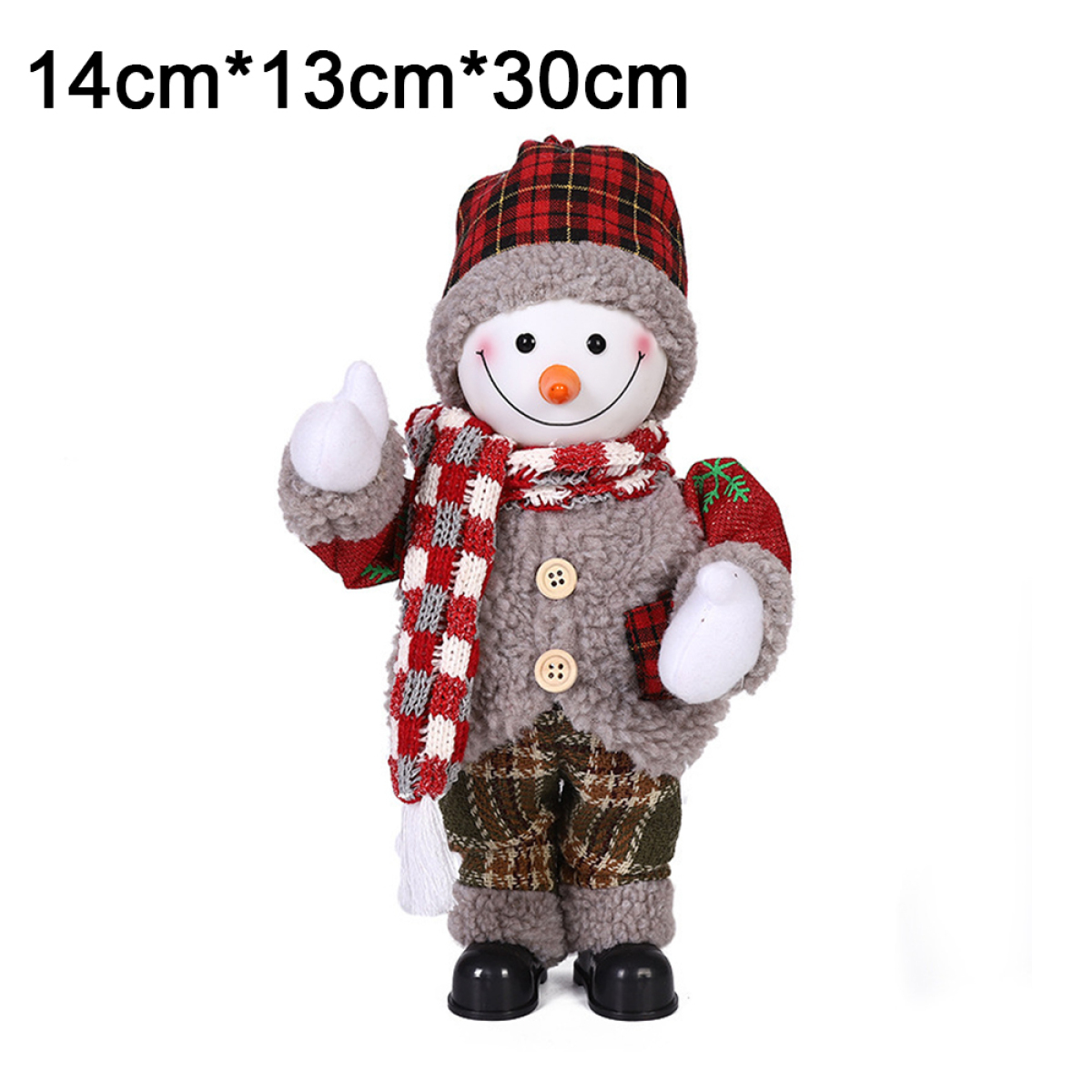 Schneemann-Dekoration mit rotem Hut und Schal. Schwarze Stiefel und Handschuhe.