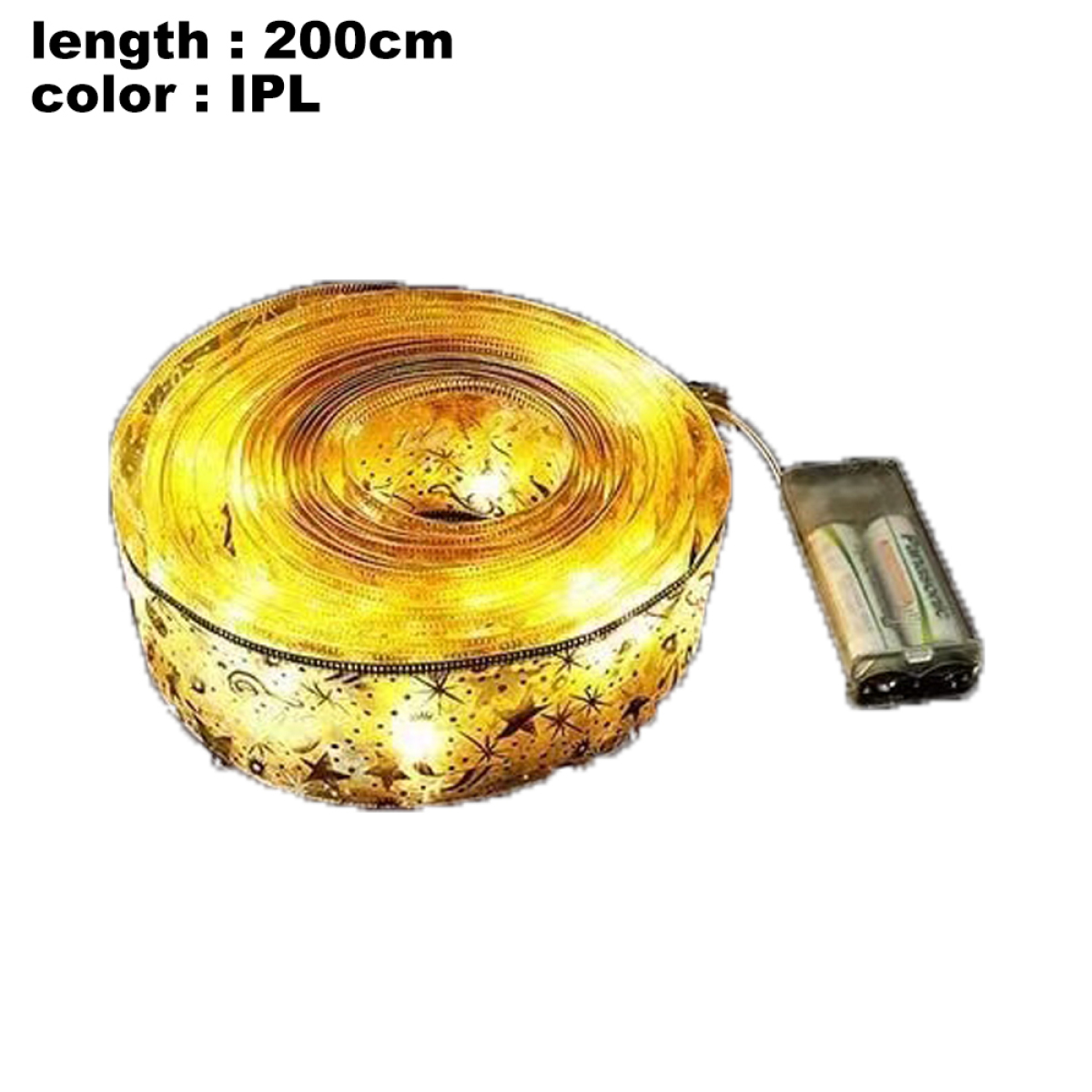 Aufgerollter goldener LED-Lichtstreifen mit Batteriepack, auf weißem Hintergrund.
