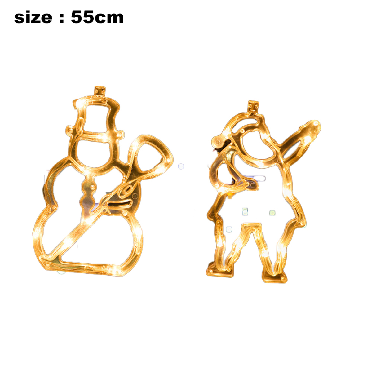 Goldfarbene Weihnachtslichtfiguren eines Schneemanns und eines Rentiers auf weißem Hintergrund.