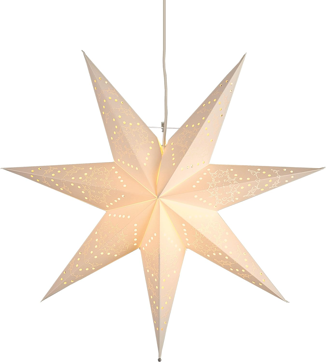 Weißer sternförmiger Lampenschirm, der an einem Draht hängt. Die Lampe hat viele kleine Löcher, die Licht emittieren. Das Stern hat ein dekoratives Muster.