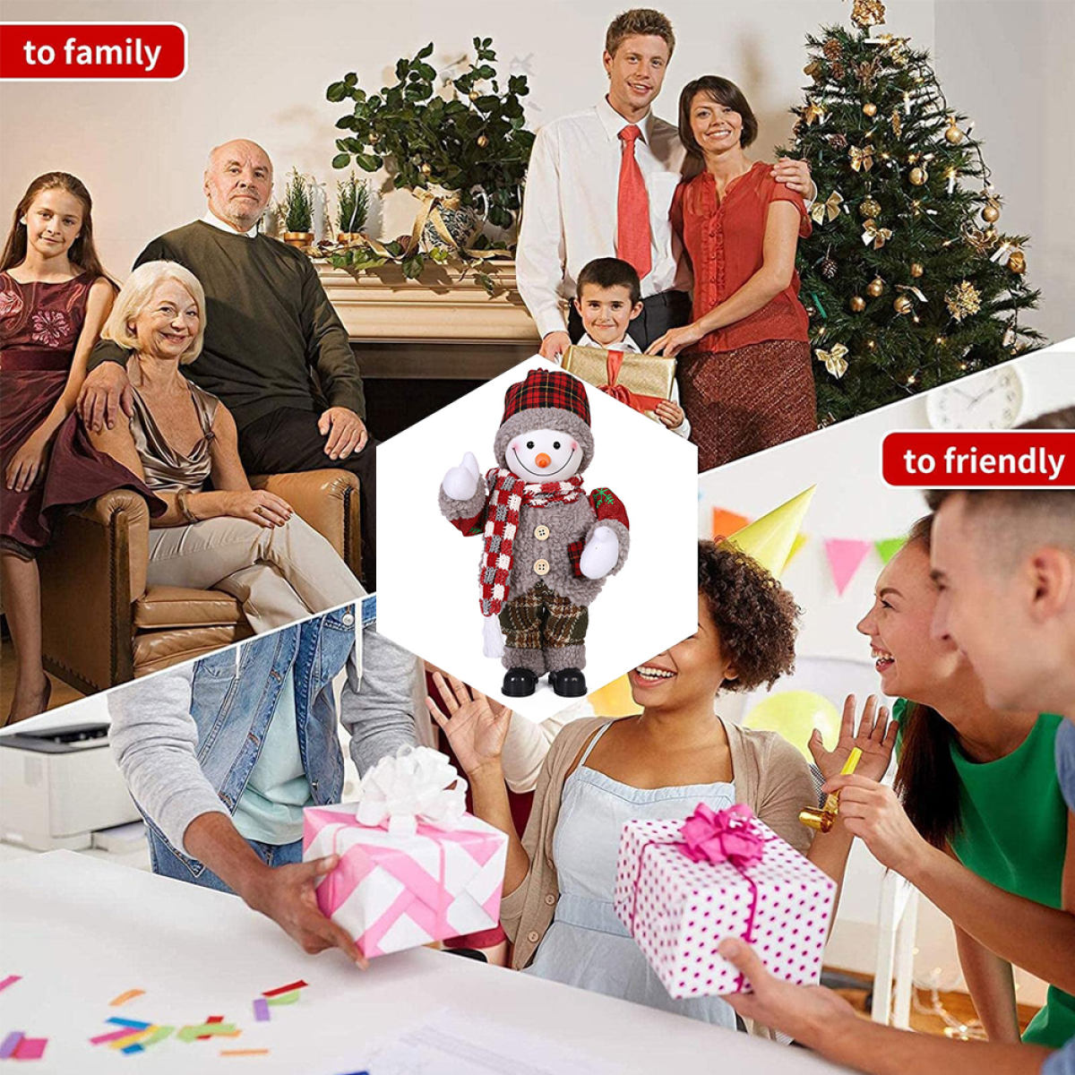 Weihnachtsszene: Familie, Freunde, Schneemann-Geschenke, festliche Feier.