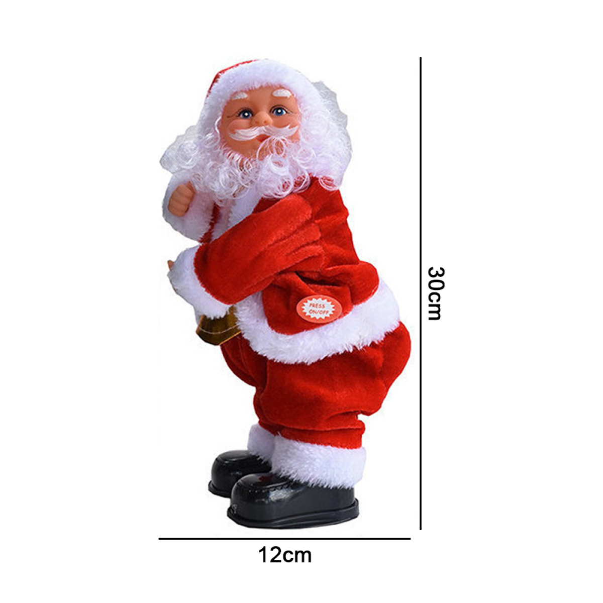 Weihnachtsmann-Spielzeug, roter Anzug, schwarze Stiefel. Es hat eine Glocke und einen Knopf mit der Aufschrift 'DRÜCKEN SIE HIER'.
