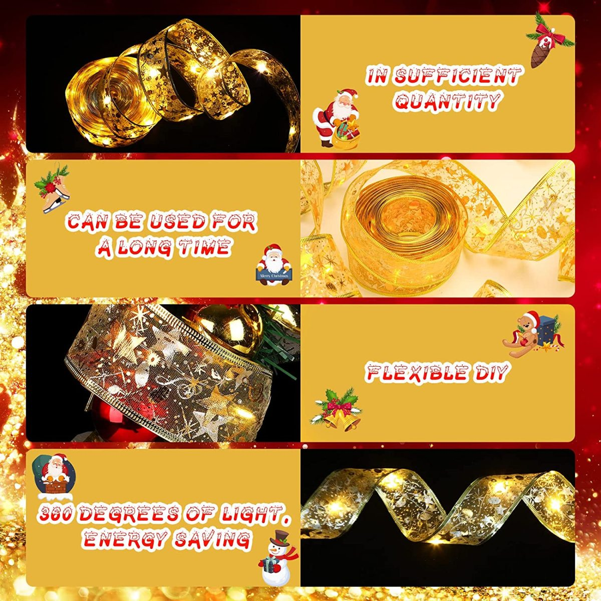 Eine Collage von Weihnachtslichtdekorationen. Die Collage hebt Flexibilität, Energieeinsparung und Quantität hervor.