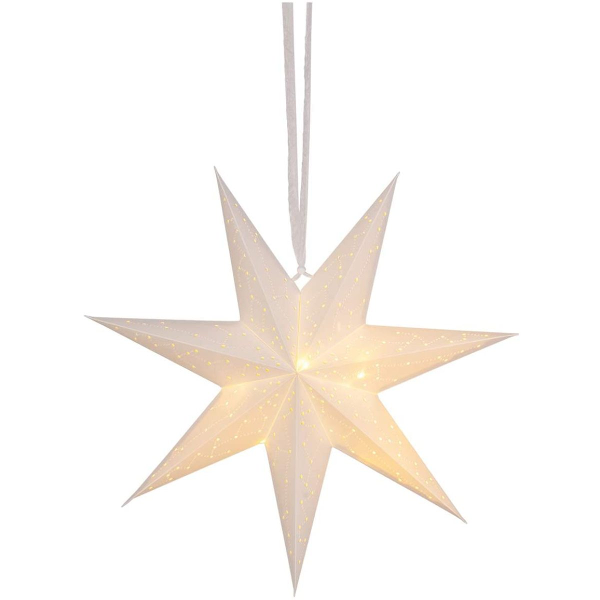 Ein weißer Stern-Weihnachtsschmuck hängend. Es hat ein perforiertes Design und ist innen beleuchtet.