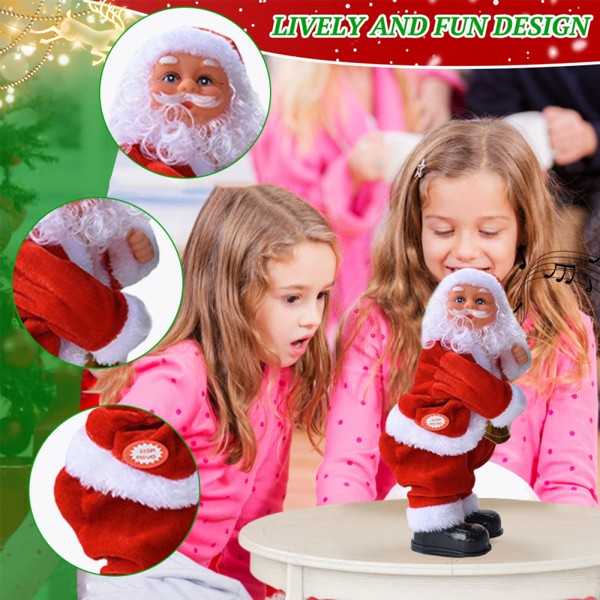 Spielzeug-Weihnachtsmann auf einem Tisch mit zwei Mädchen.