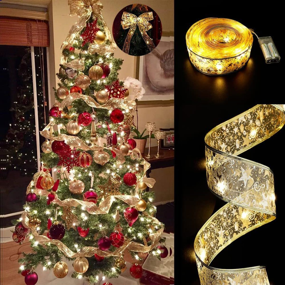 Ein geschmückter Weihnachtsbaum mit Lichtern, Ornamenten und einem Band. Ein Bandlicht ist ebenfalls sichtbar.