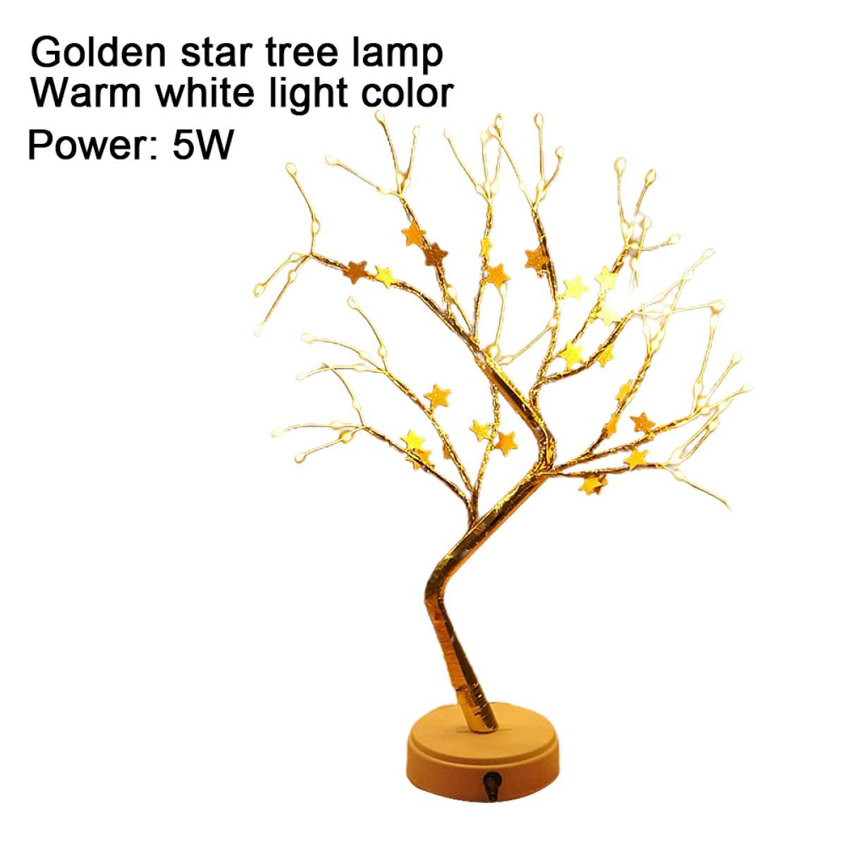Goldene Sternbaumlampe auf Weiß. Text: Goldene Sternbaumlampe, warmweiße Lichtfarbe, Leistung 5W.
