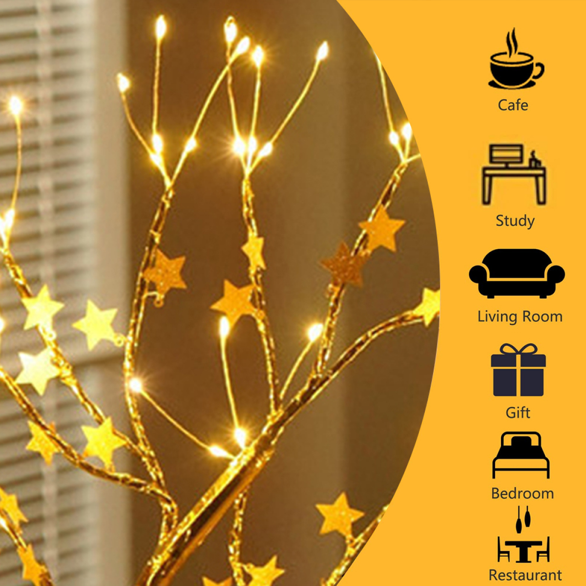 Ein dekorativer Baum mit goldenen Sternen und Lichtern. Symbole für Café, Arbeitszimmer, Wohnzimmer, Geschenk, Schlafzimmer und Restaurant.