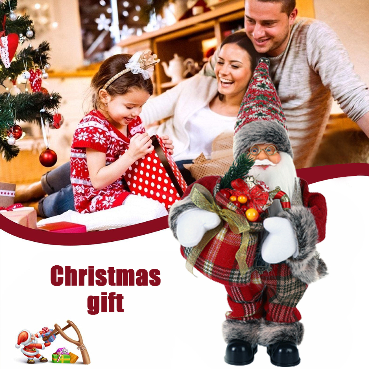 Eine festliche Weihnachtsmannfigur und eine Familie, die Geschenke öffnet.