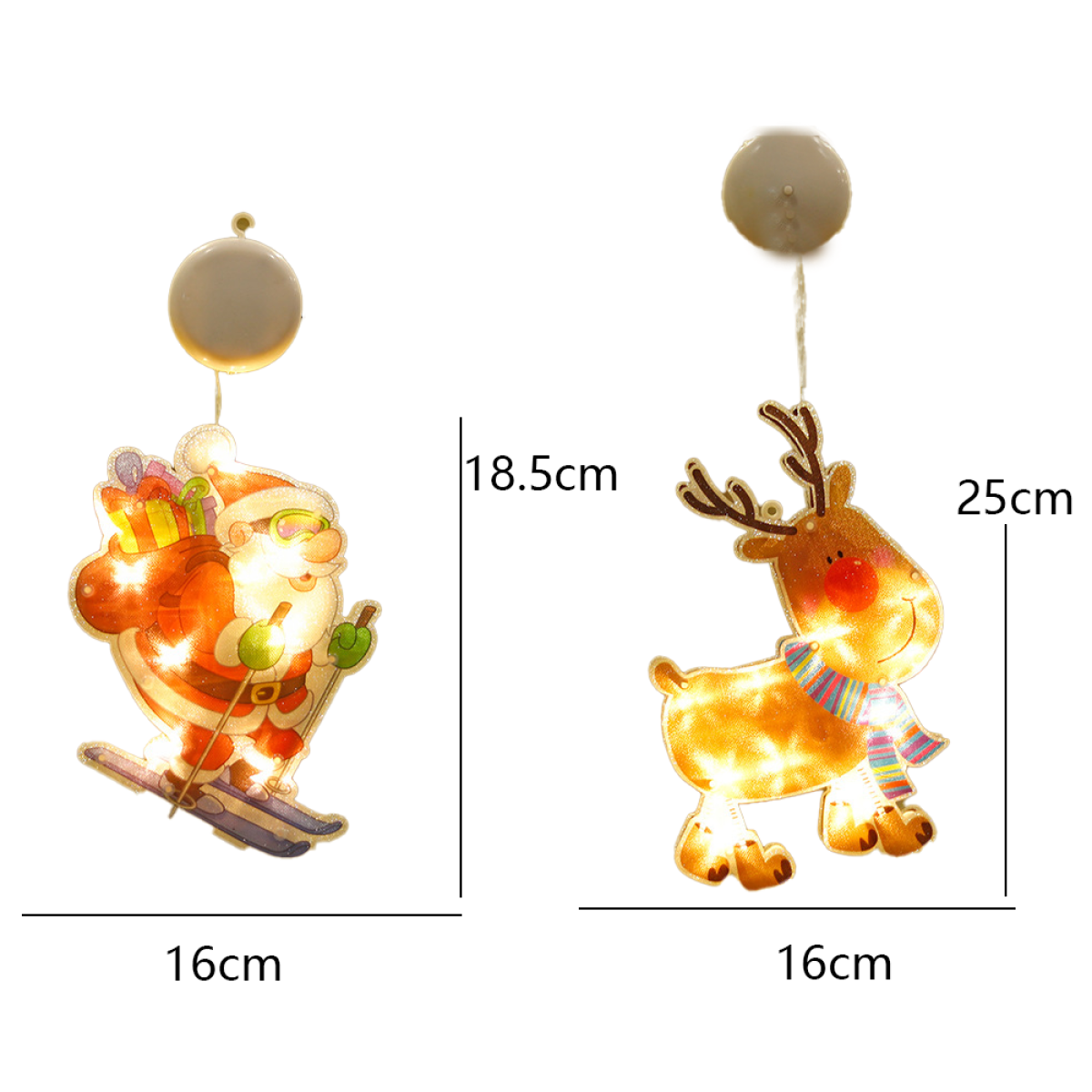 Weihnachts-Lichtdekorationen von Weihnachtsmann und Rentier mit Abmessungen in cm.