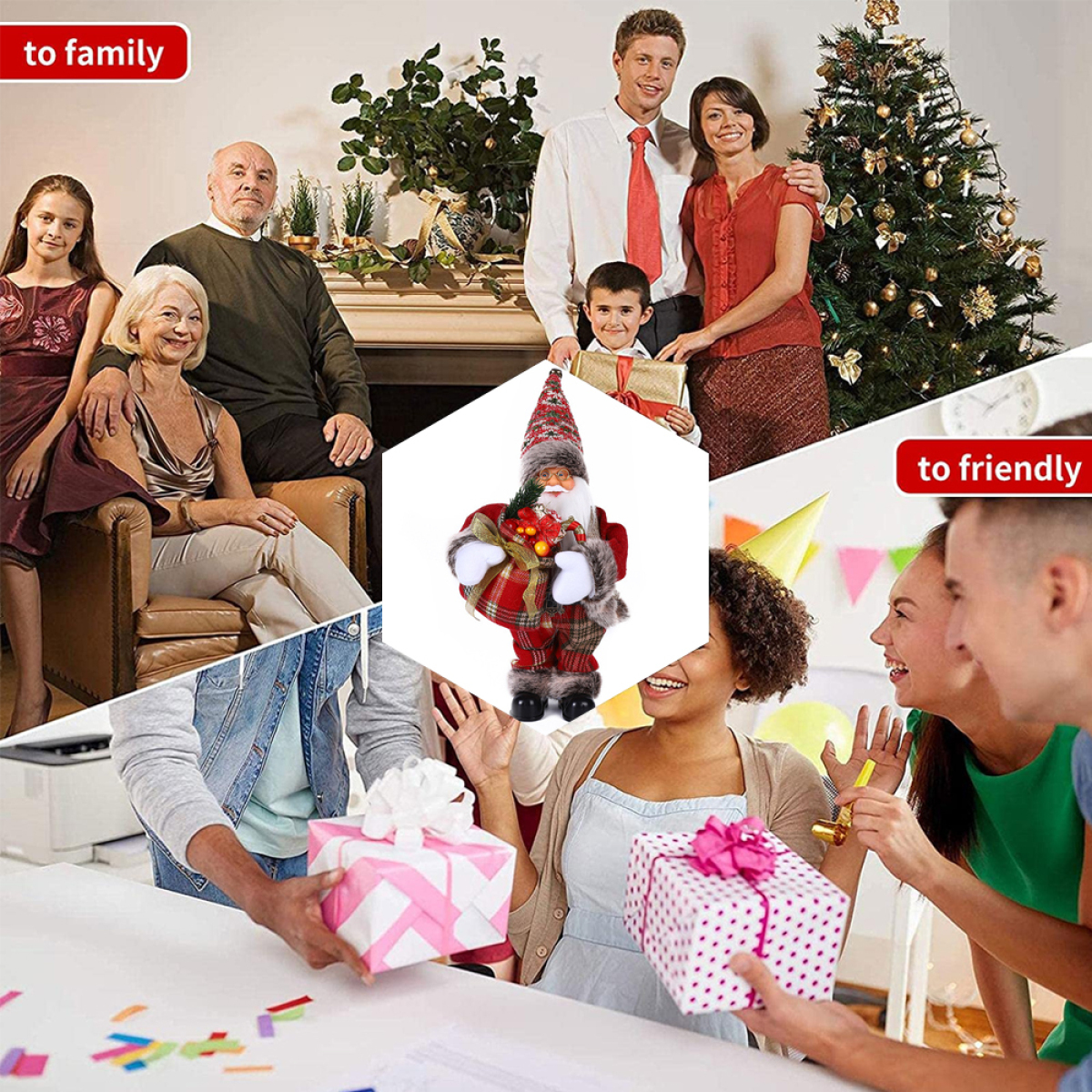 Eine Collage mit einer Weihnachtsmann-Puppe und Menschen. Text: für Familie, für Freunde.