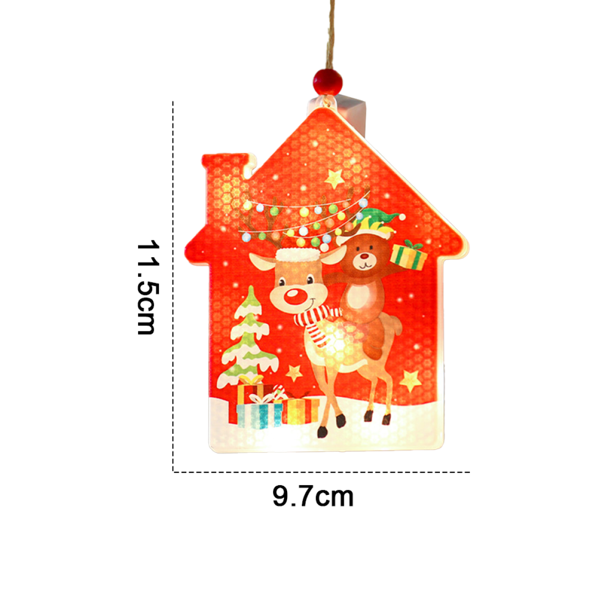 Weihnachtshausdekoration. Rot, mit Rentier, Baum und Geschenken. Abmessungen: 11,5 cm x 9,7 cm.