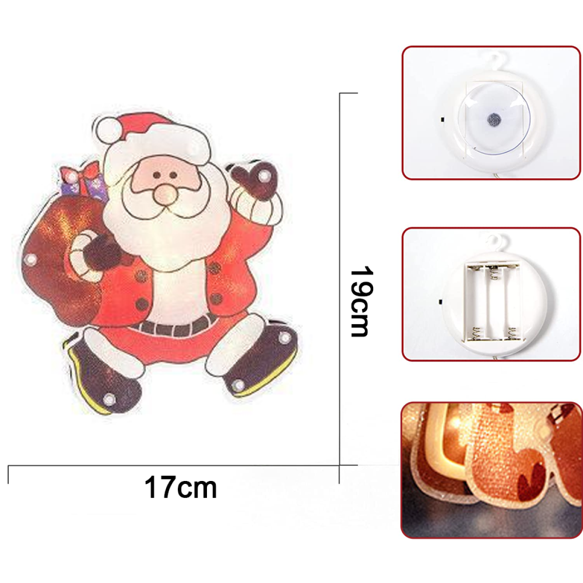 Weihnachtsdekoration mit Weihnachtsmann, Tasche, Maßen und Nahaufnahmen von Lichtern.