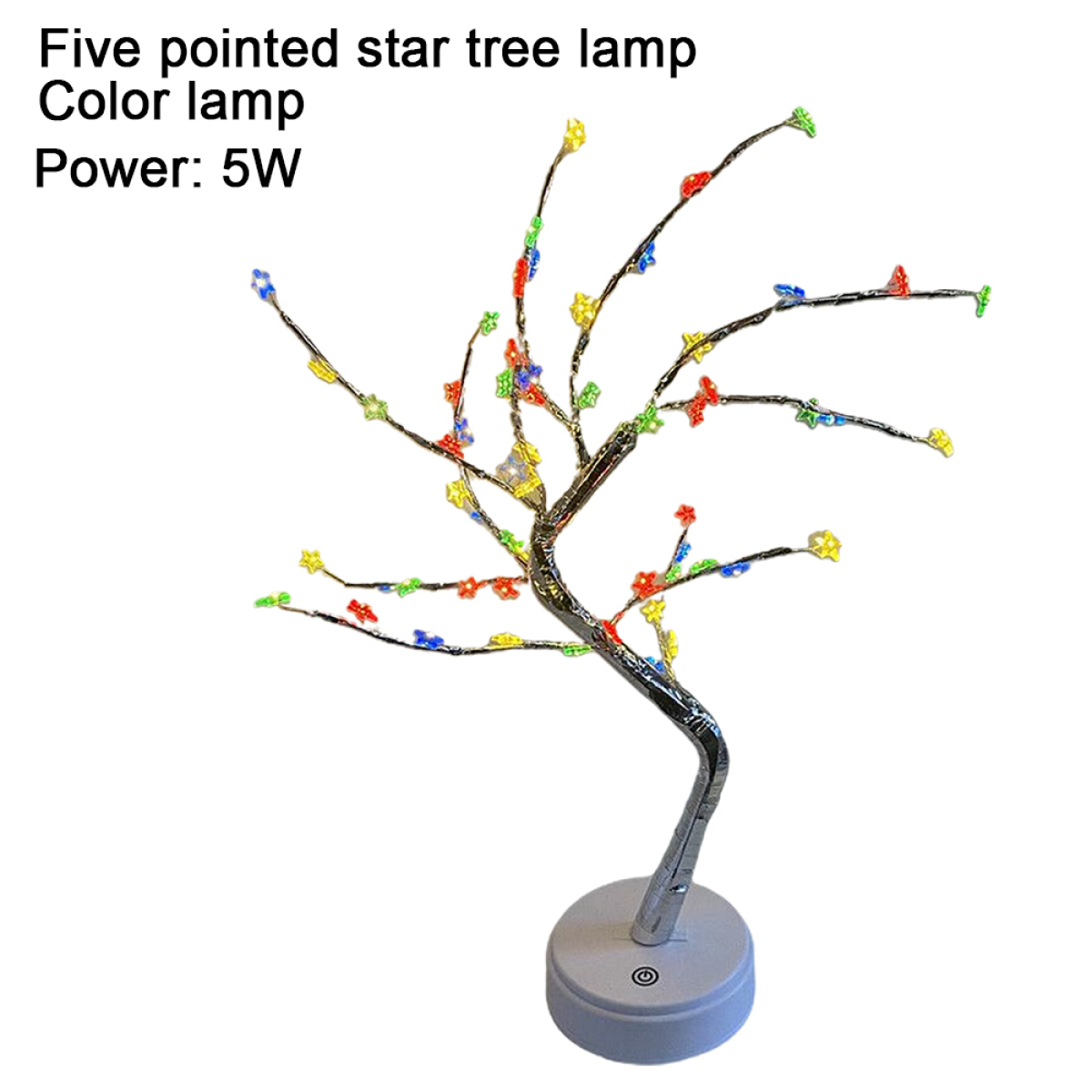 Eine baumförmige Lampe mit bunten Sternlichtern. Sie hat einen silbernen Sockel und gebogene Äste.