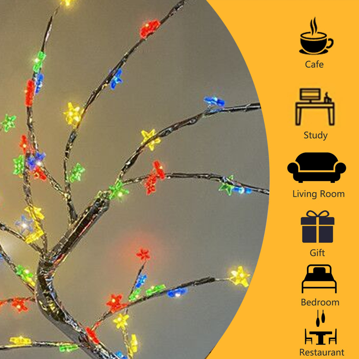 Ein dekorativer Baum mit bunten sternförmigen Lichtern. Icons für Café, Studio, Wohnzimmer, Geschenk.