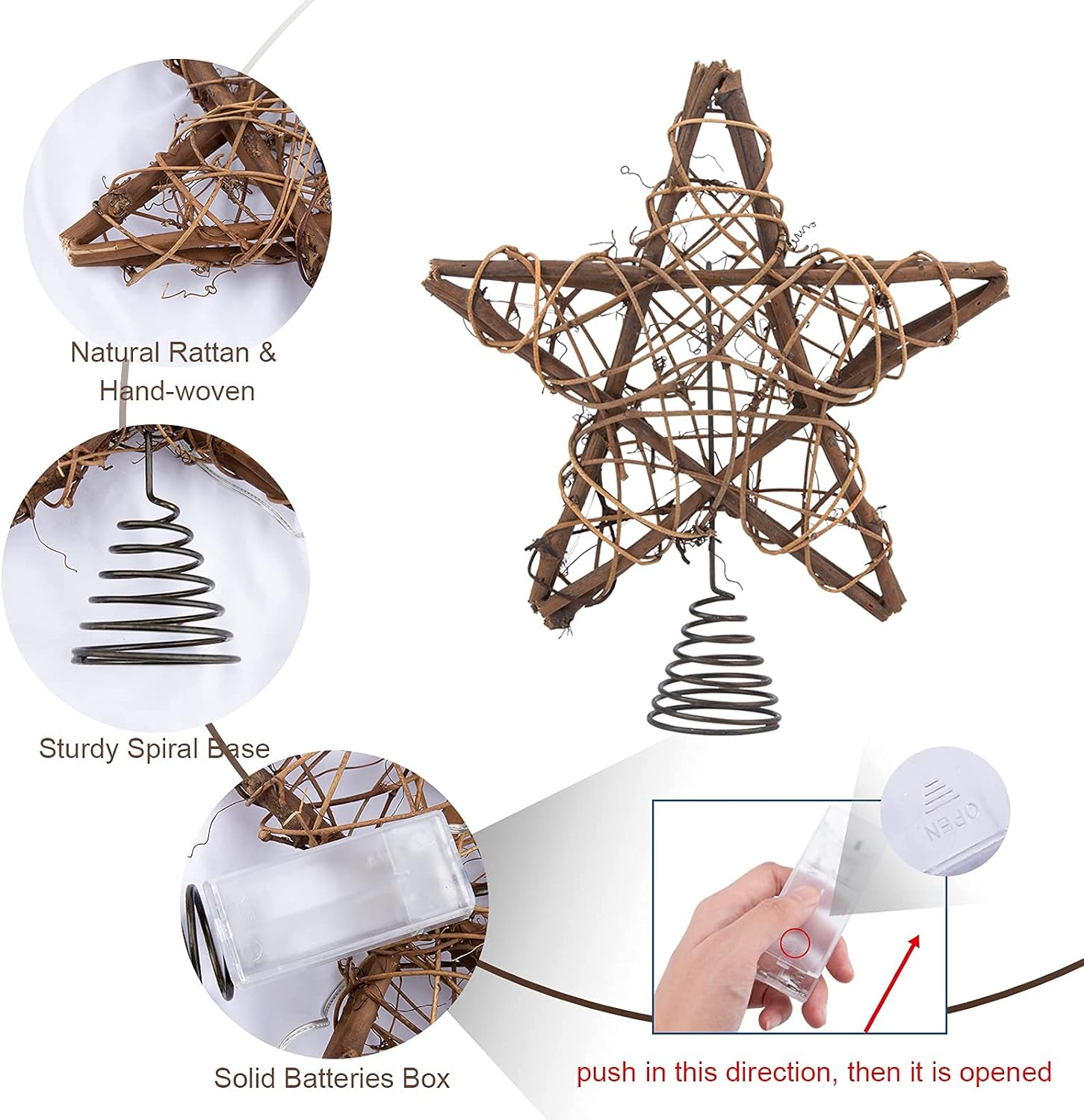 Ein sternförmiger Weihnachtsbaumschmuck mit Spiralfuß und stabilem Batteriekasten.